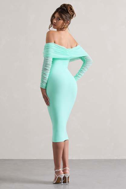 Only You Mint Ruched Mesh Bardot Midi Dress-Babyboo Dress Store. All Rights Reserved.