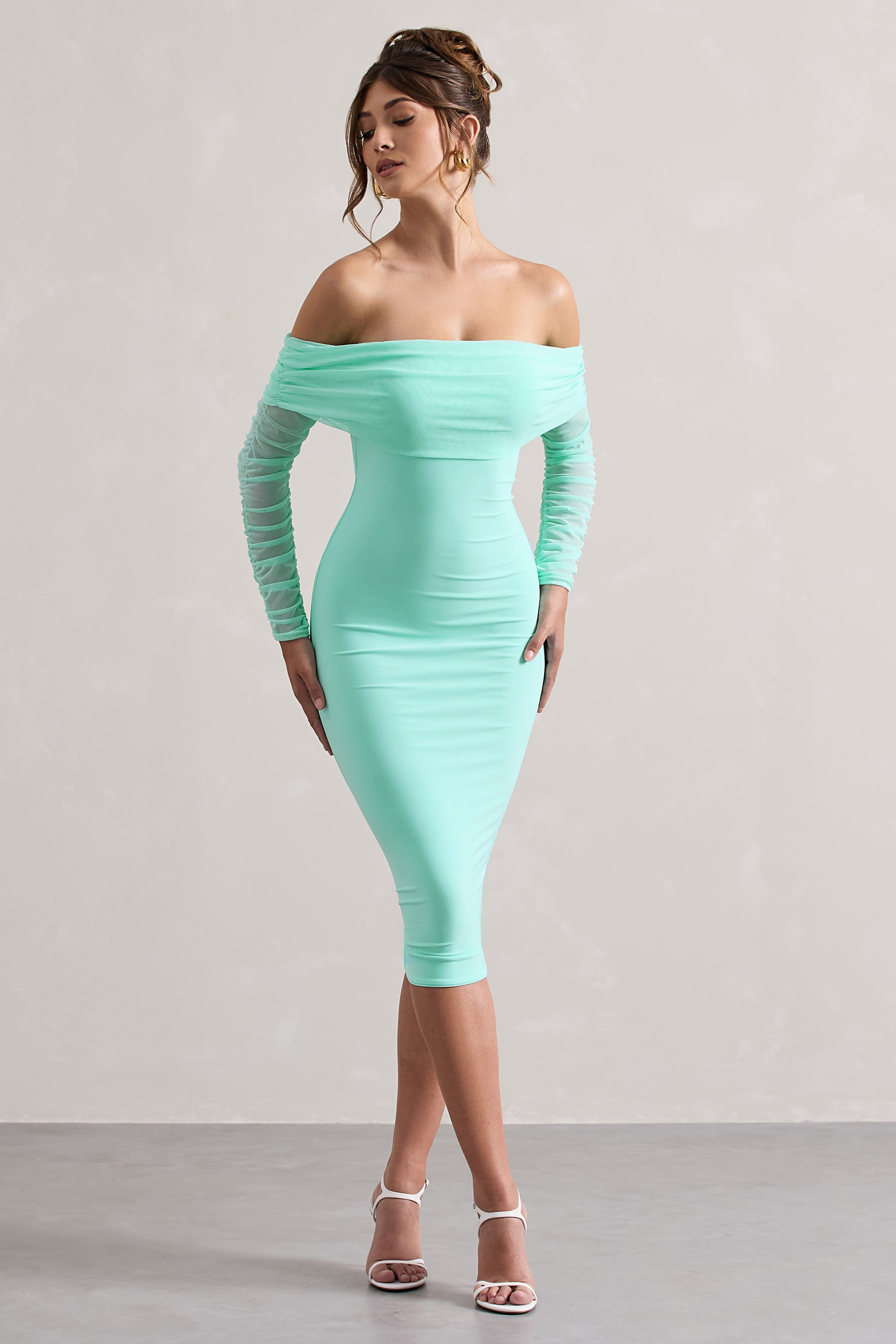 Only You Mint Ruched Mesh Bardot Midi Dress-Babyboo Dress Store. All Rights Reserved.