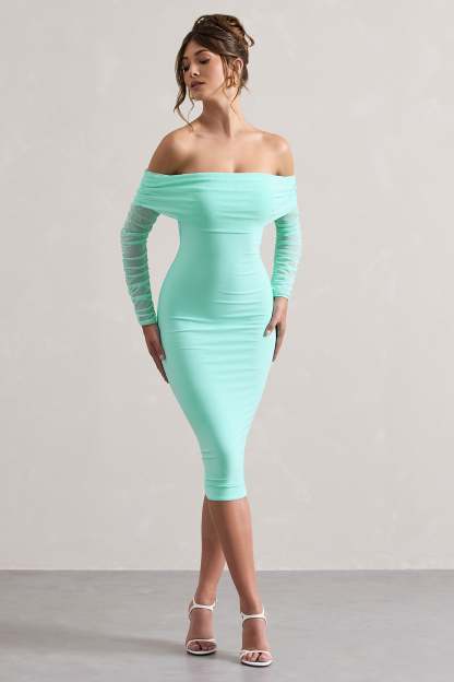 Only You Mint Ruched Mesh Bardot Midi Dress-Babyboo Dress Store. All Rights Reserved.