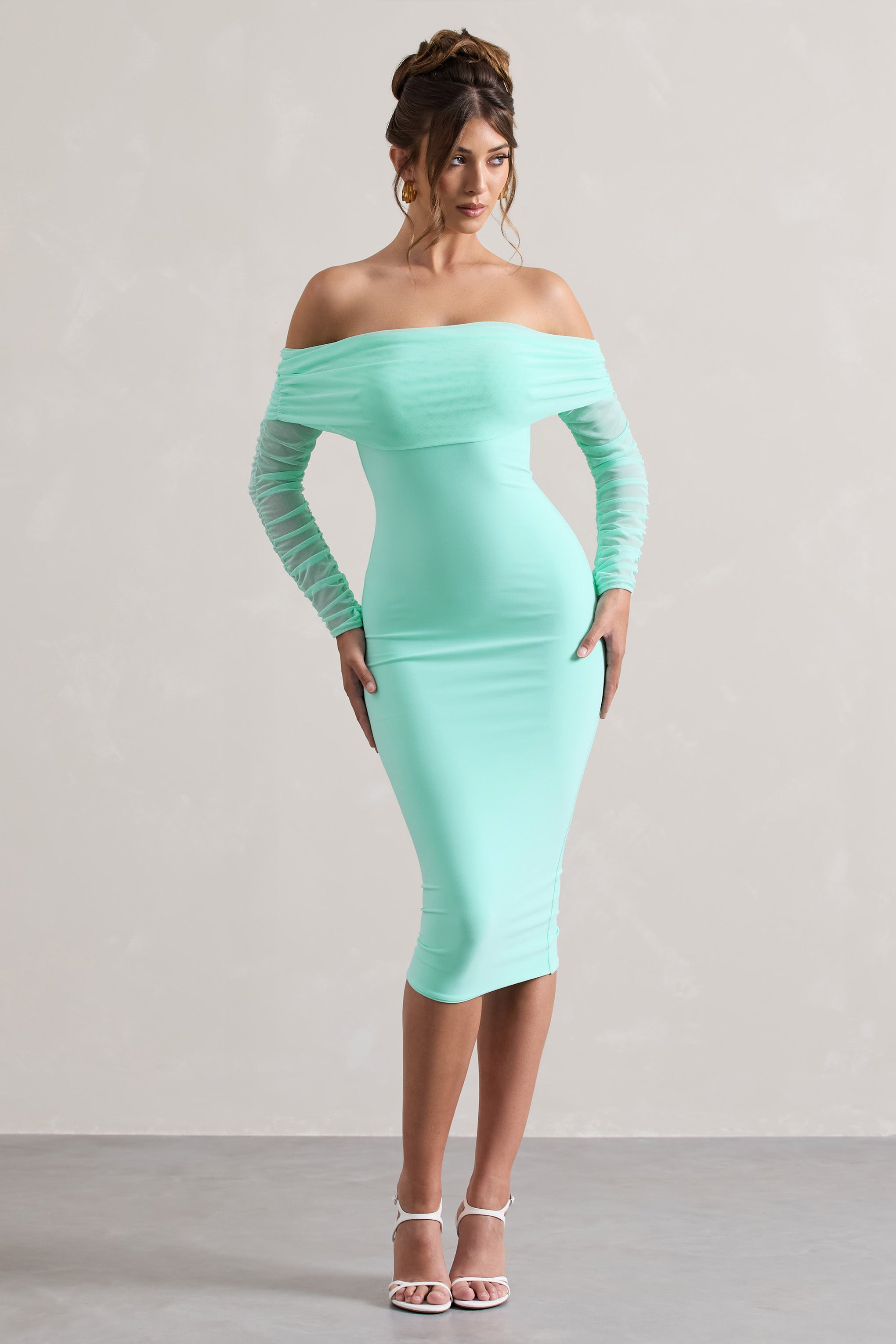 Only You Mint Ruched Mesh Bardot Midi Dress-Babyboo Dress Store. All Rights Reserved.