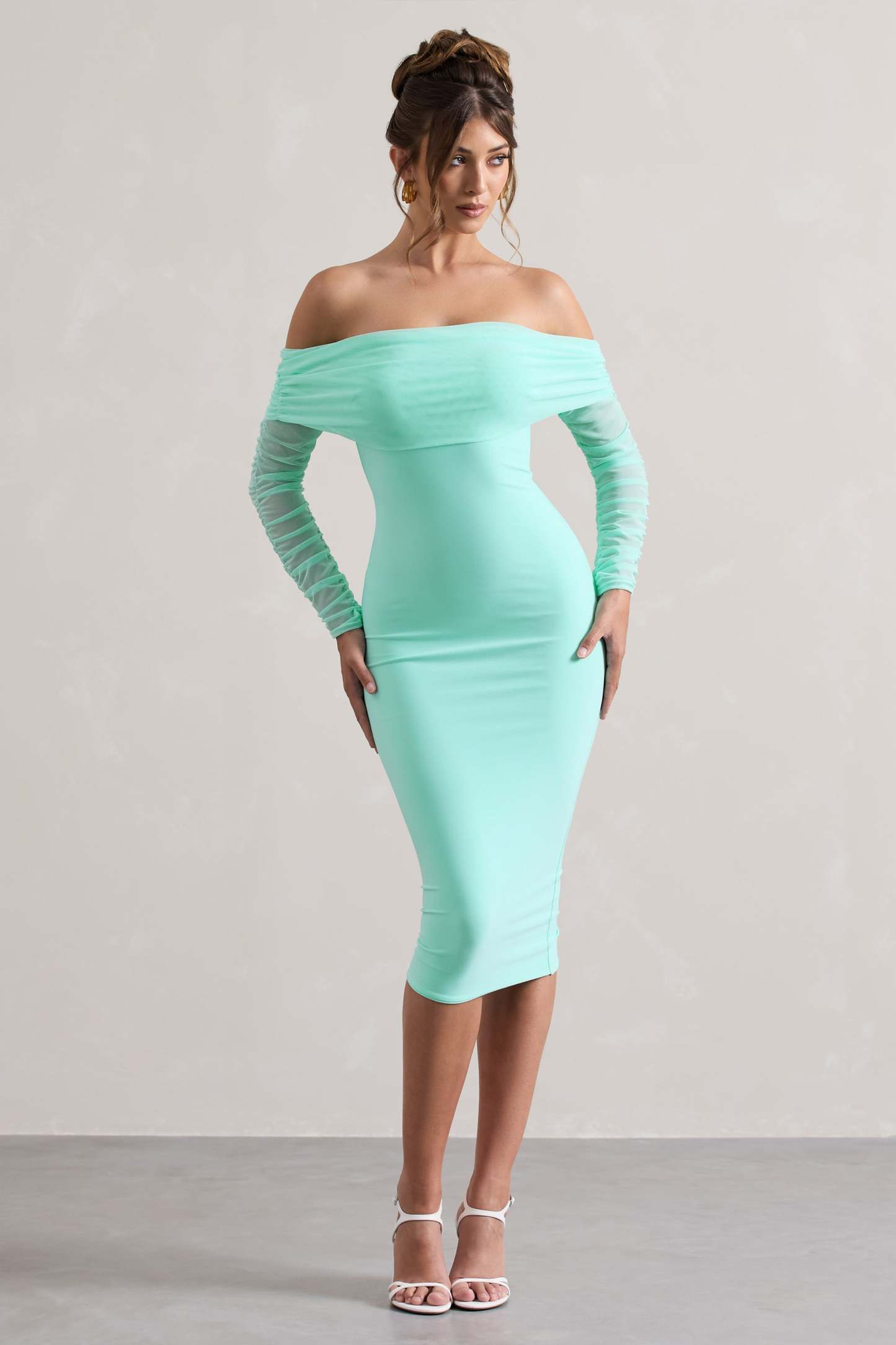 Only You Mint Ruched Mesh Bardot Midi Dress-Babyboo Dress Store. All Rights Reserved.