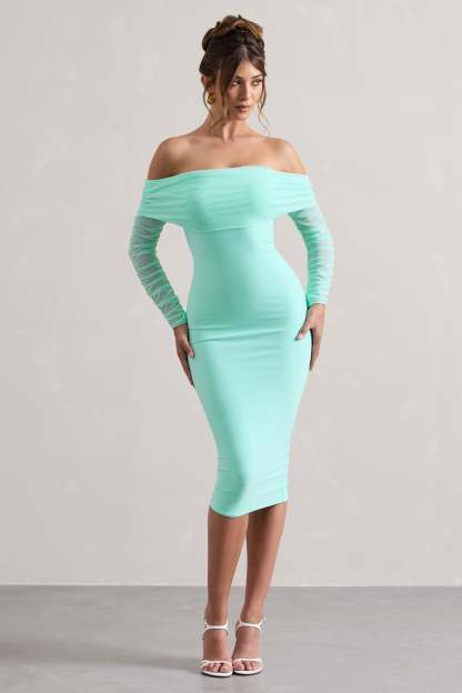 Only You Mint Ruched Mesh Bardot Midi Dress-Babyboo Dress Store. All Rights Reserved.