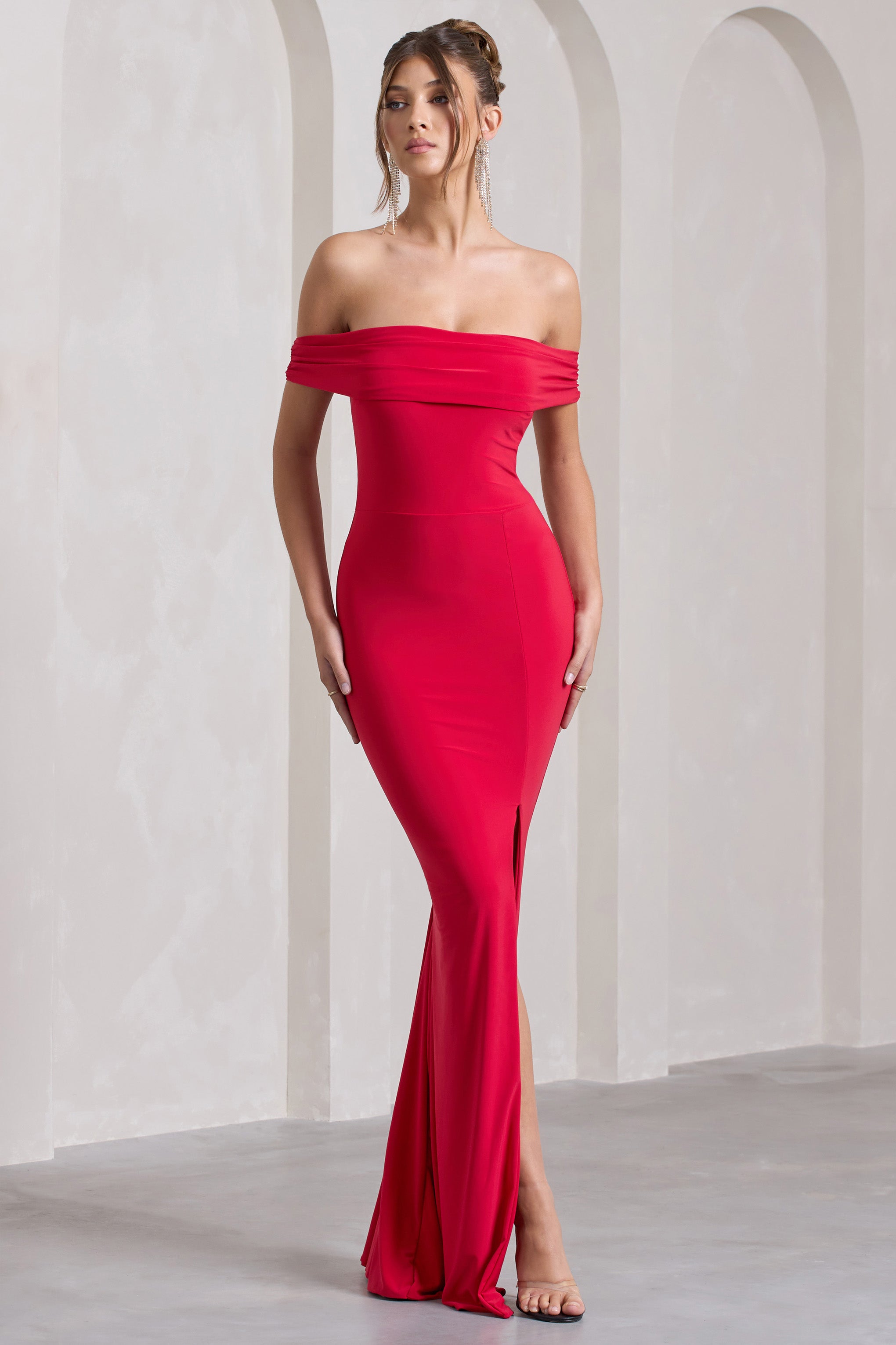 Red Bardot Draped Split Maxi Dress