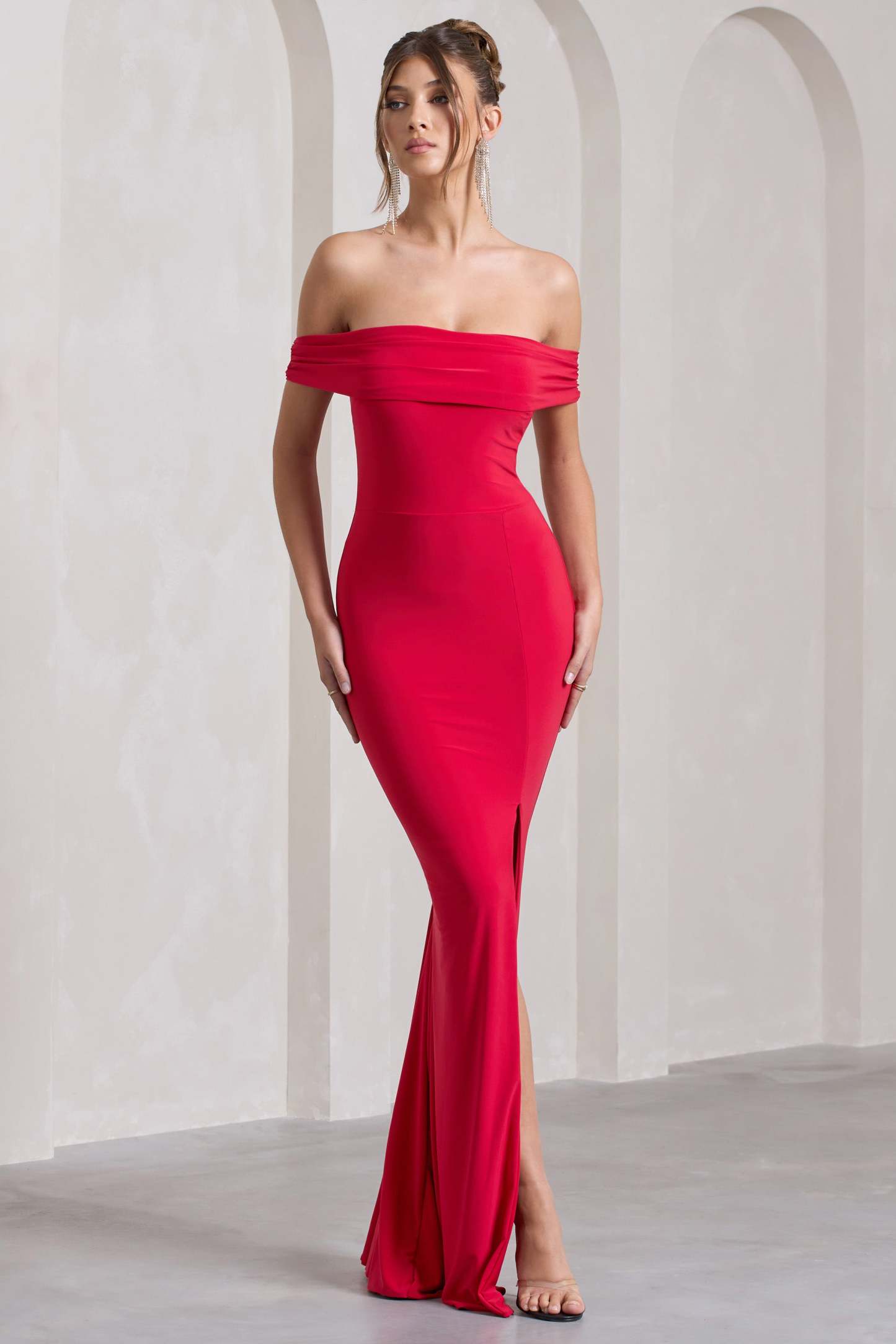Red Bardot Draped Split Maxi Dress