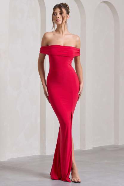 Red Bardot Draped Split Maxi Dress