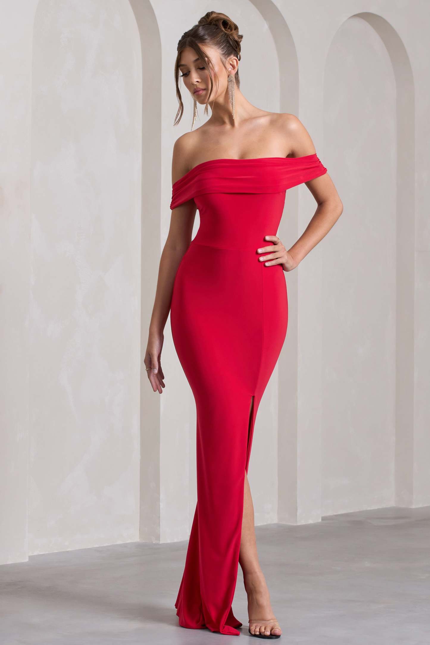 Red Bardot Draped Split Maxi Dress
