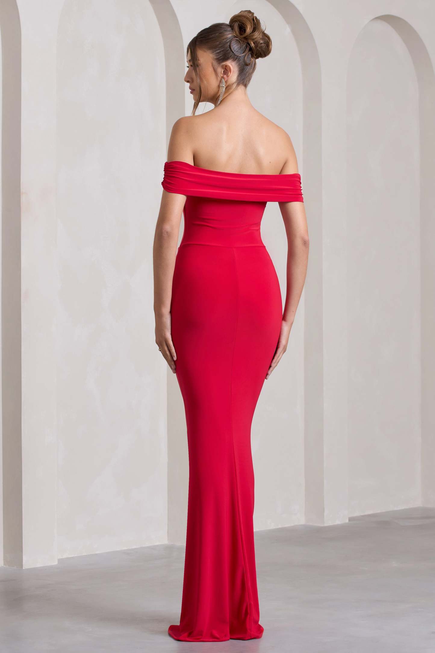 Red Bardot Draped Split Maxi Dress