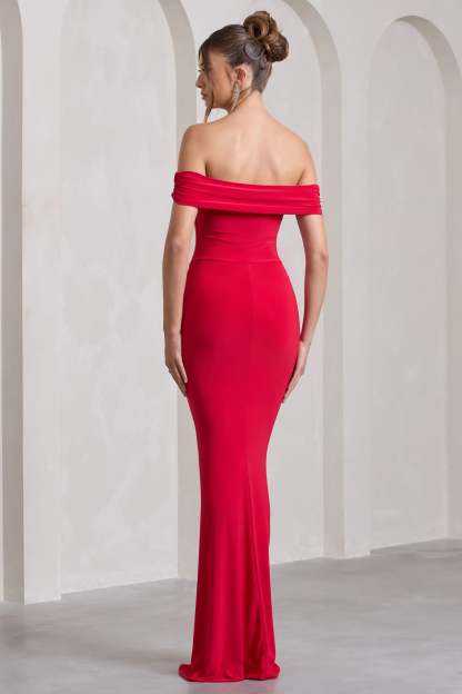 Red Bardot Draped Split Maxi Dress