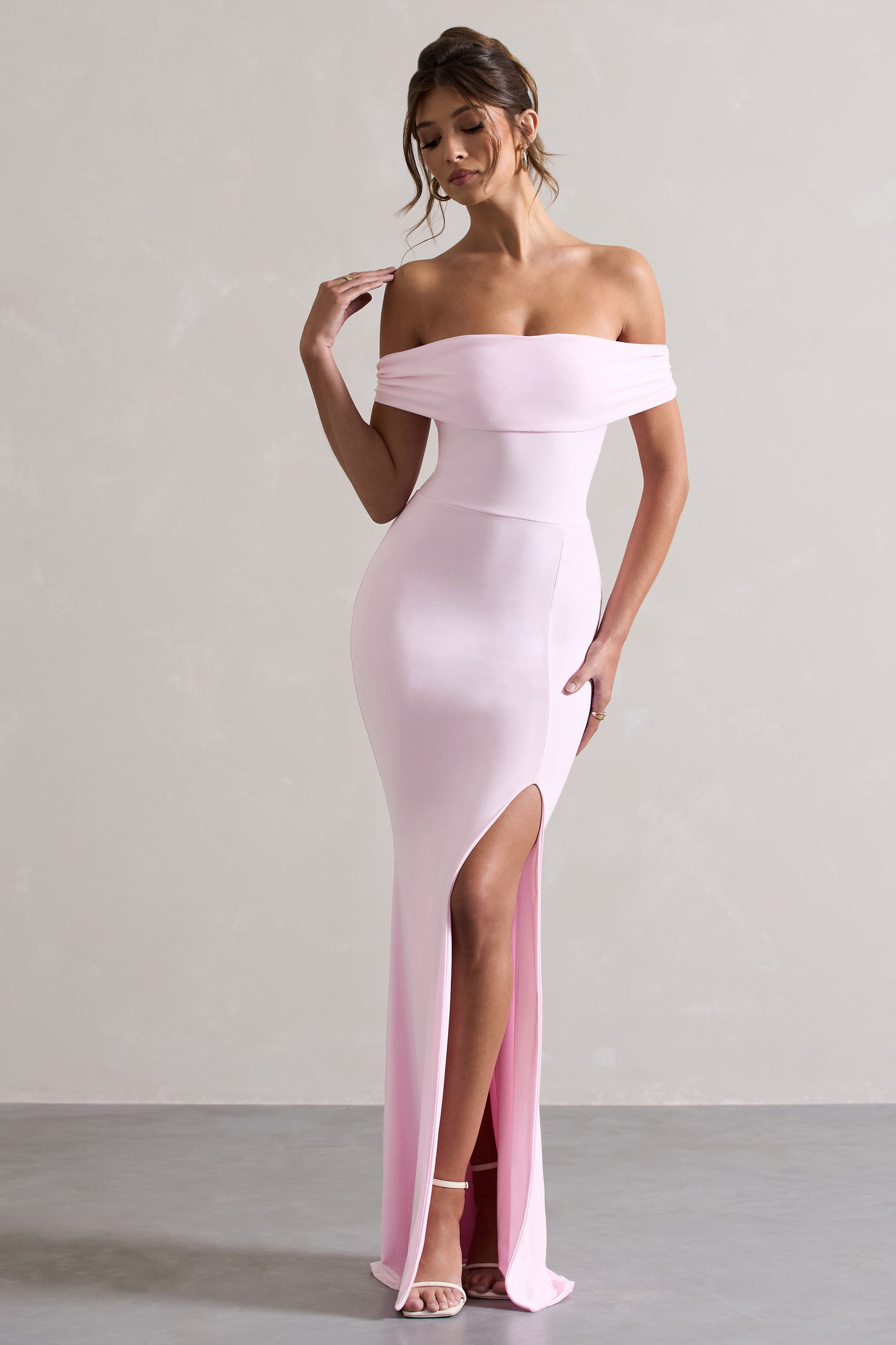 Pink Bardot Draped Split Maxi Dress