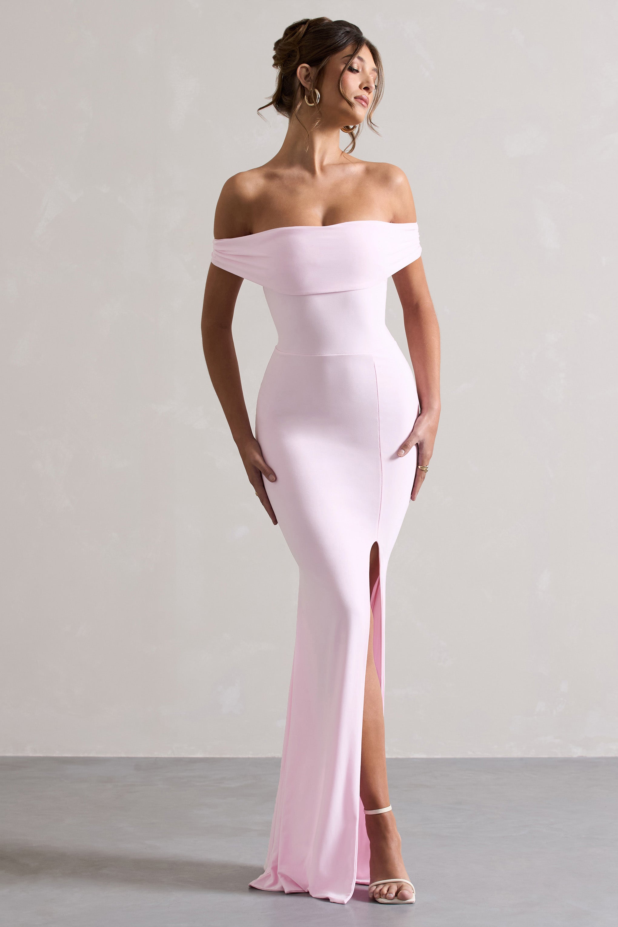 Pink Bardot Draped Split Maxi Dress