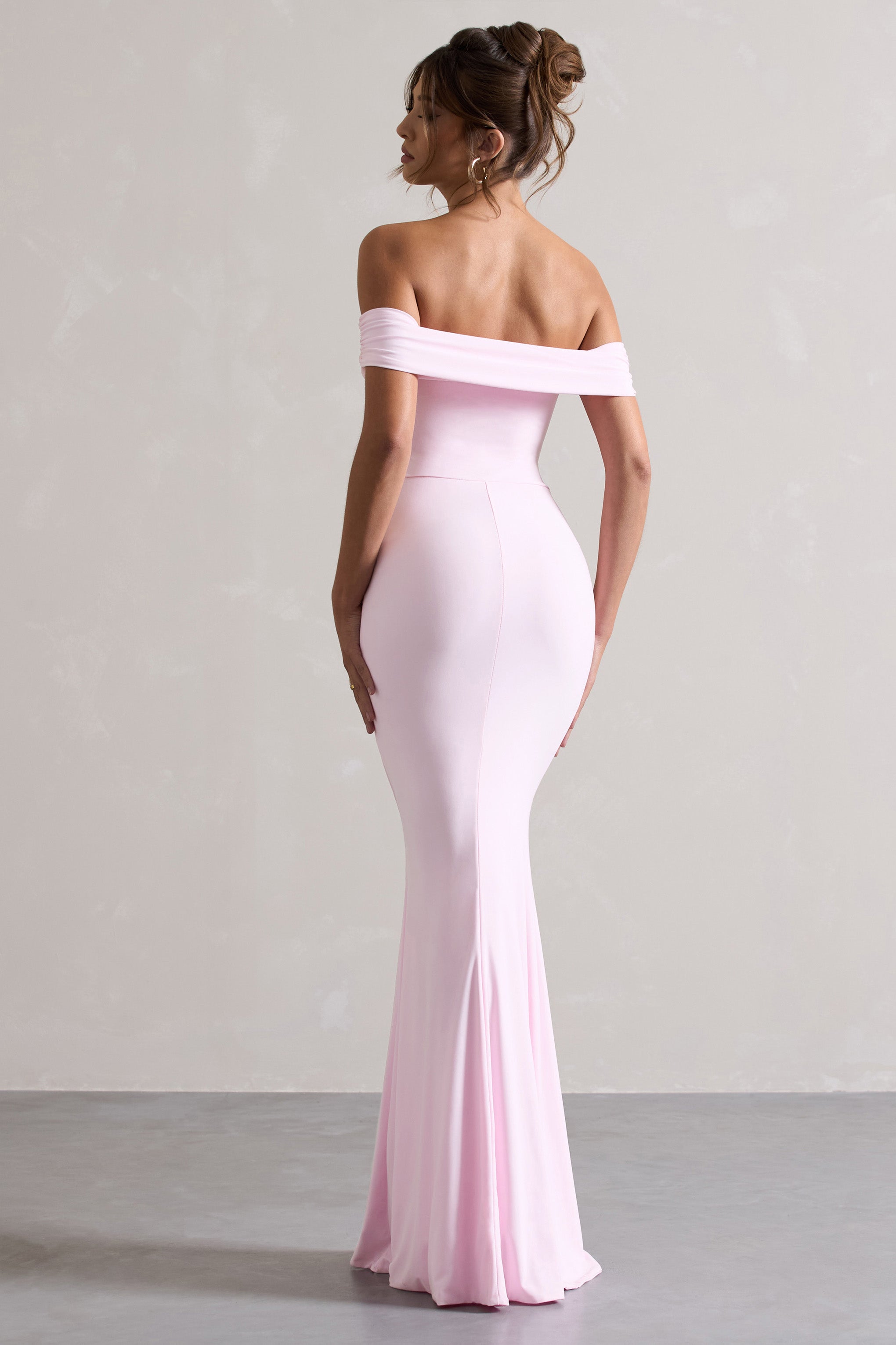 Pink Bardot Draped Split Maxi Dress