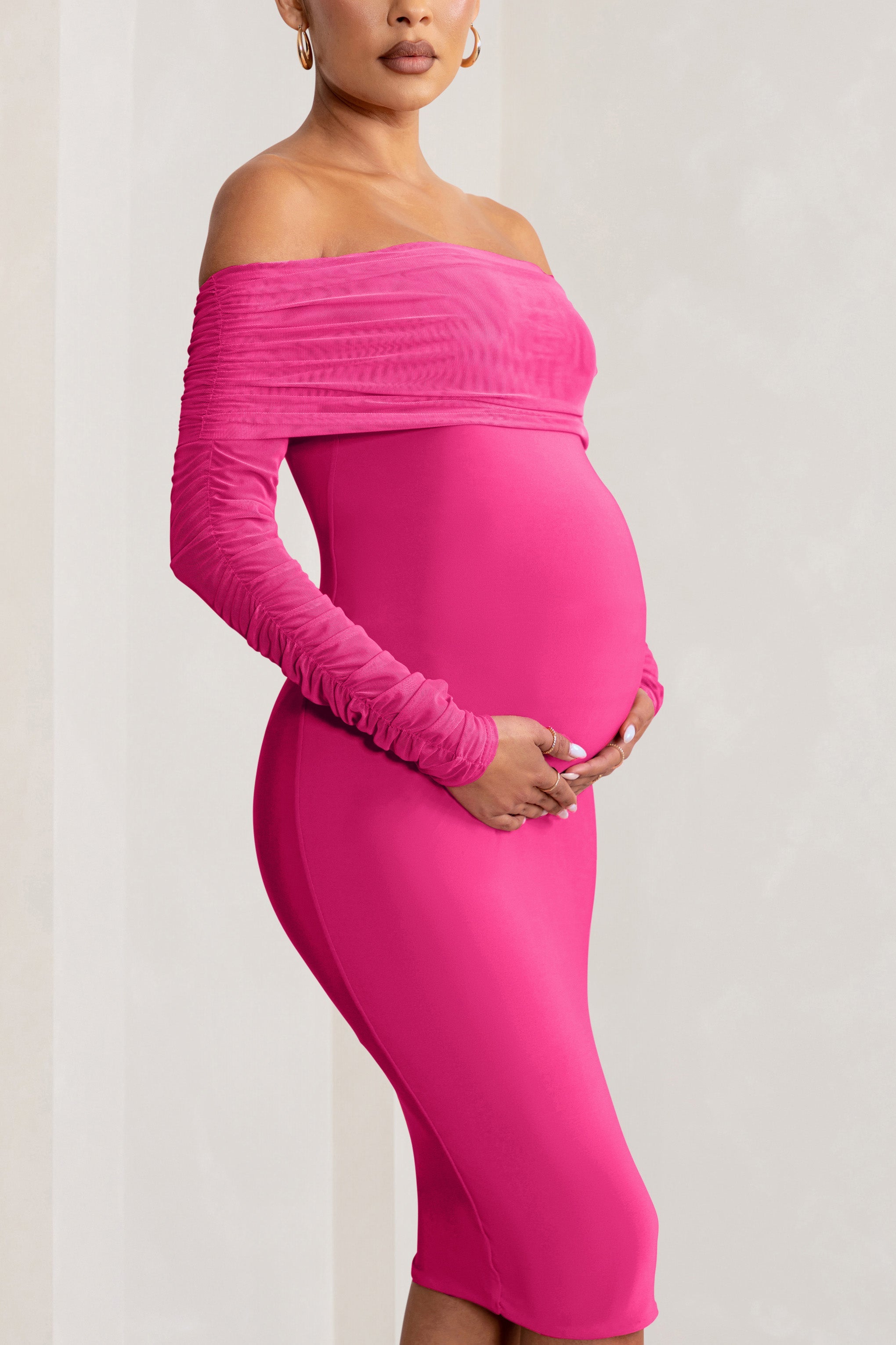 Patiently Waiting Hot Pink Maternity Ruched Mesh Bardot Midi Dress-Babyboo Dress Store. All Rights Reserved.