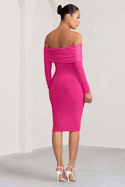 Patiently Waiting Hot Pink Maternity Ruched Mesh Bardot Midi Dress-Babyboo Dress Store. All Rights Reserved.