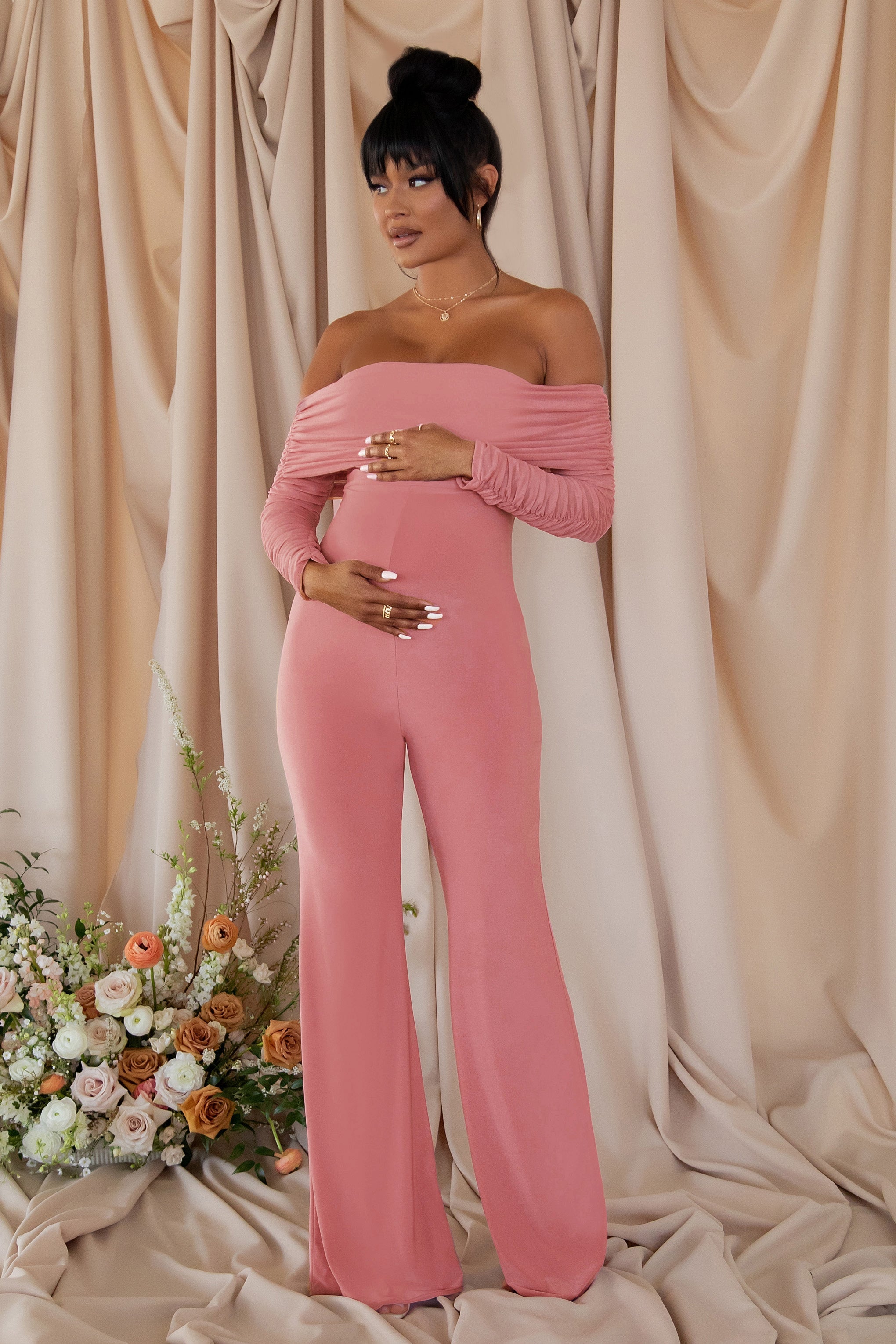Count Down Blush Pink Maternity Ruched Mesh Bardot Jumpsuit-Babyboo Dress Store. All Rights Reserved.
