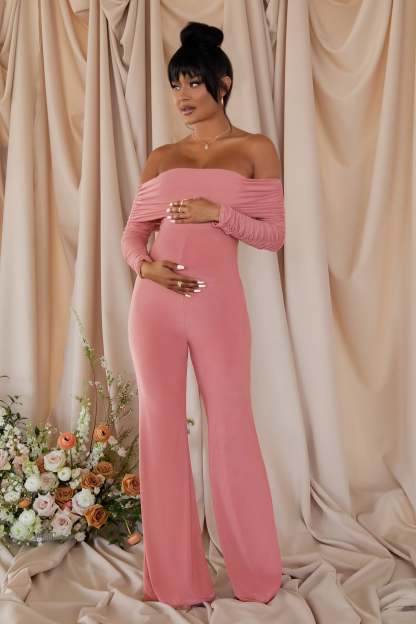 Count Down Blush Pink Maternity Ruched Mesh Bardot Jumpsuit-Babyboo Dress Store. All Rights Reserved.
