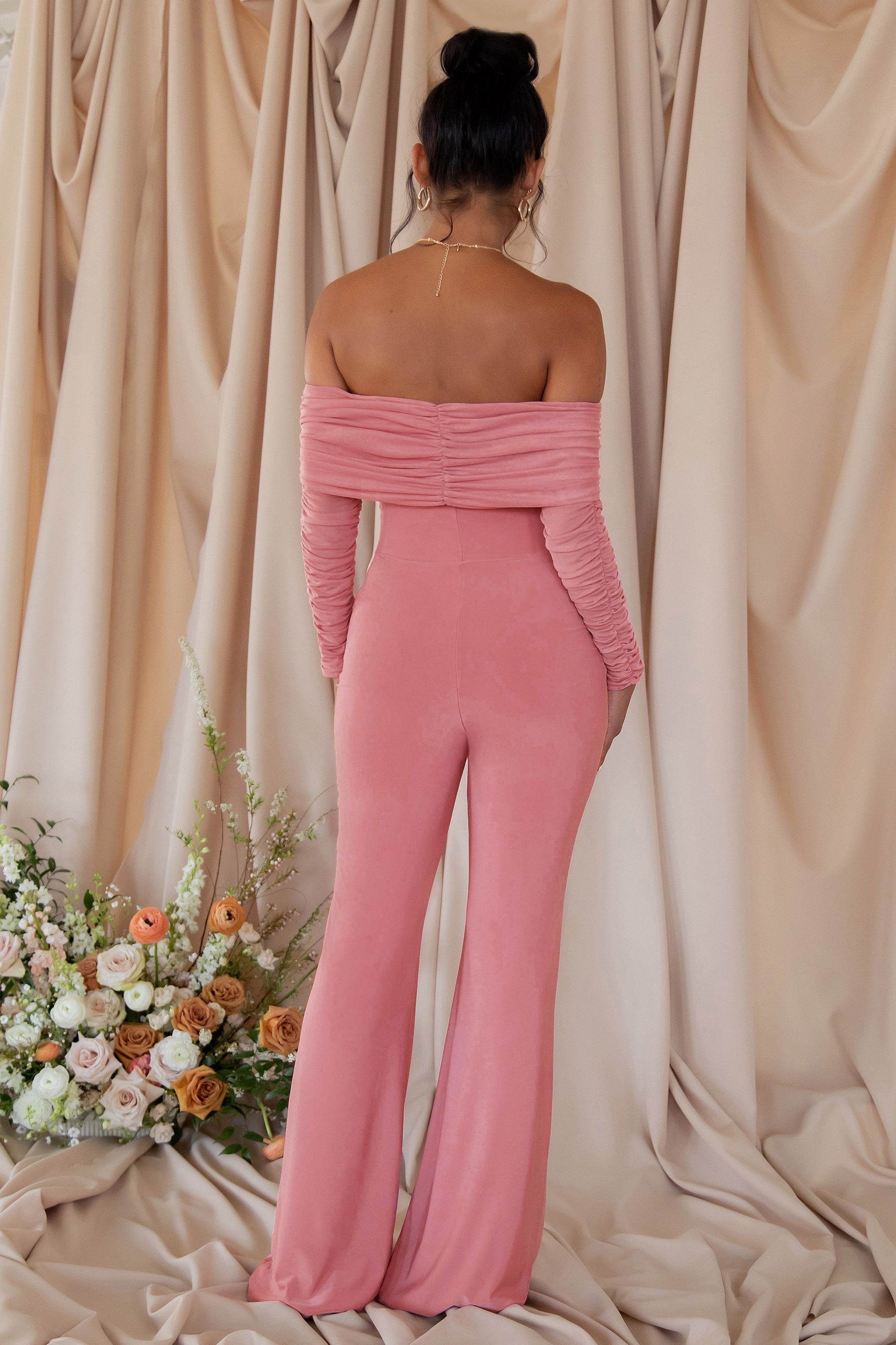 Count Down Blush Pink Maternity Ruched Mesh Bardot Jumpsuit-Babyboo Dress Store. All Rights Reserved.