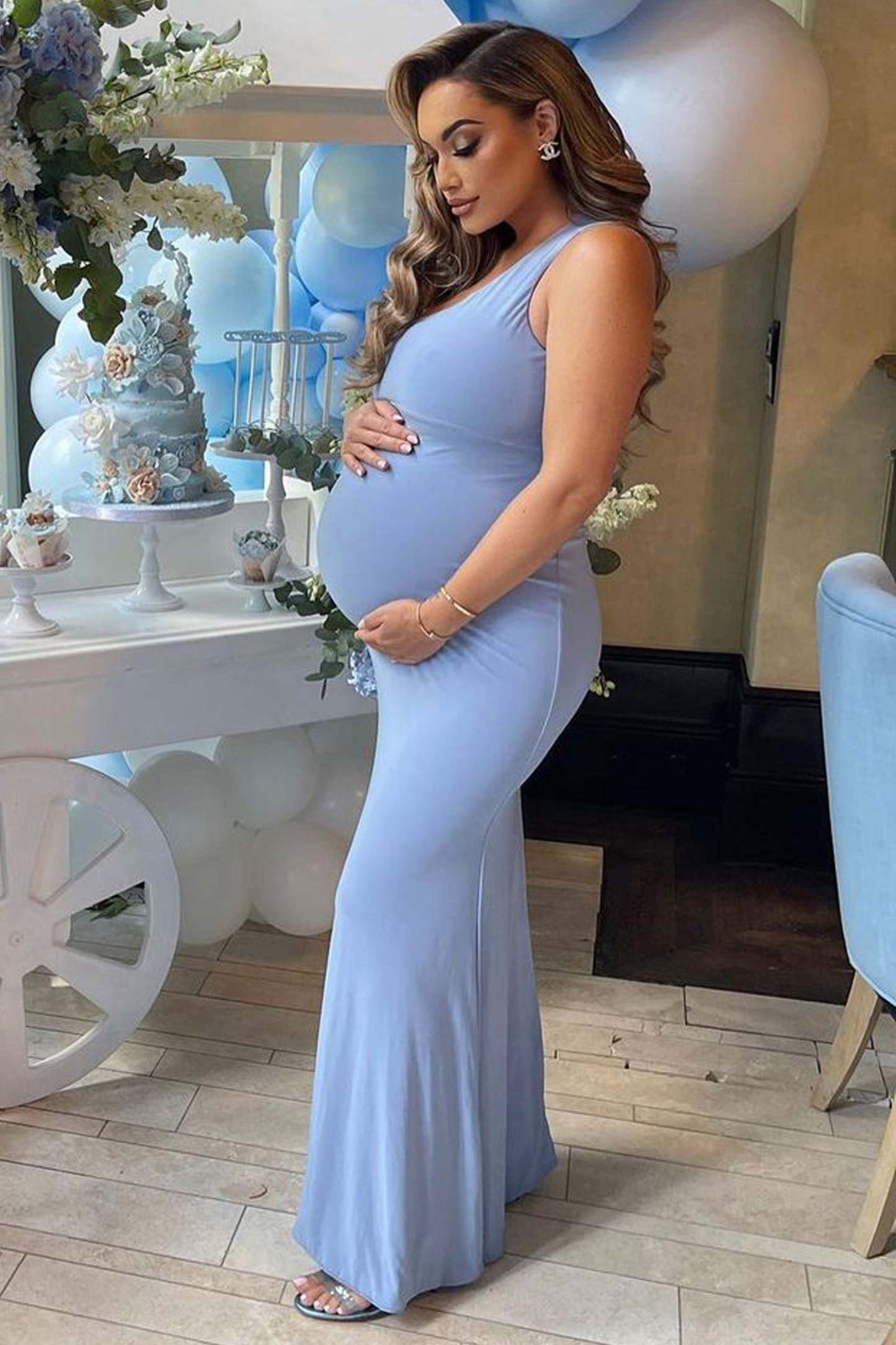 Oh Baby Powder Blue Maternity One Shoulder Bodycon Maxi Dress-Babyboo Dress Store. All Rights Reserved.
