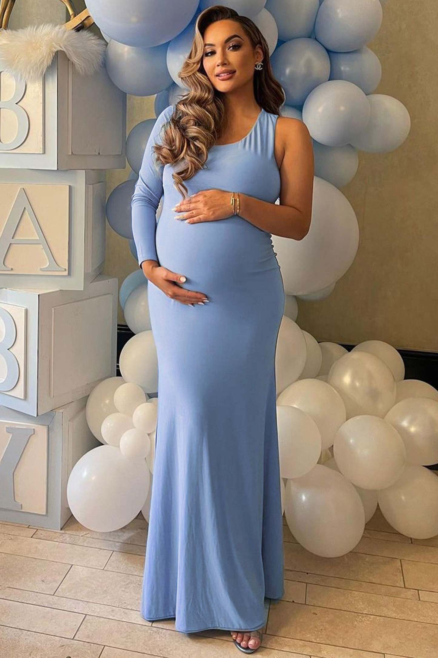 Oh Baby Powder Blue Maternity One Shoulder Bodycon Maxi Dress-Babyboo Dress Store. All Rights Reserved.