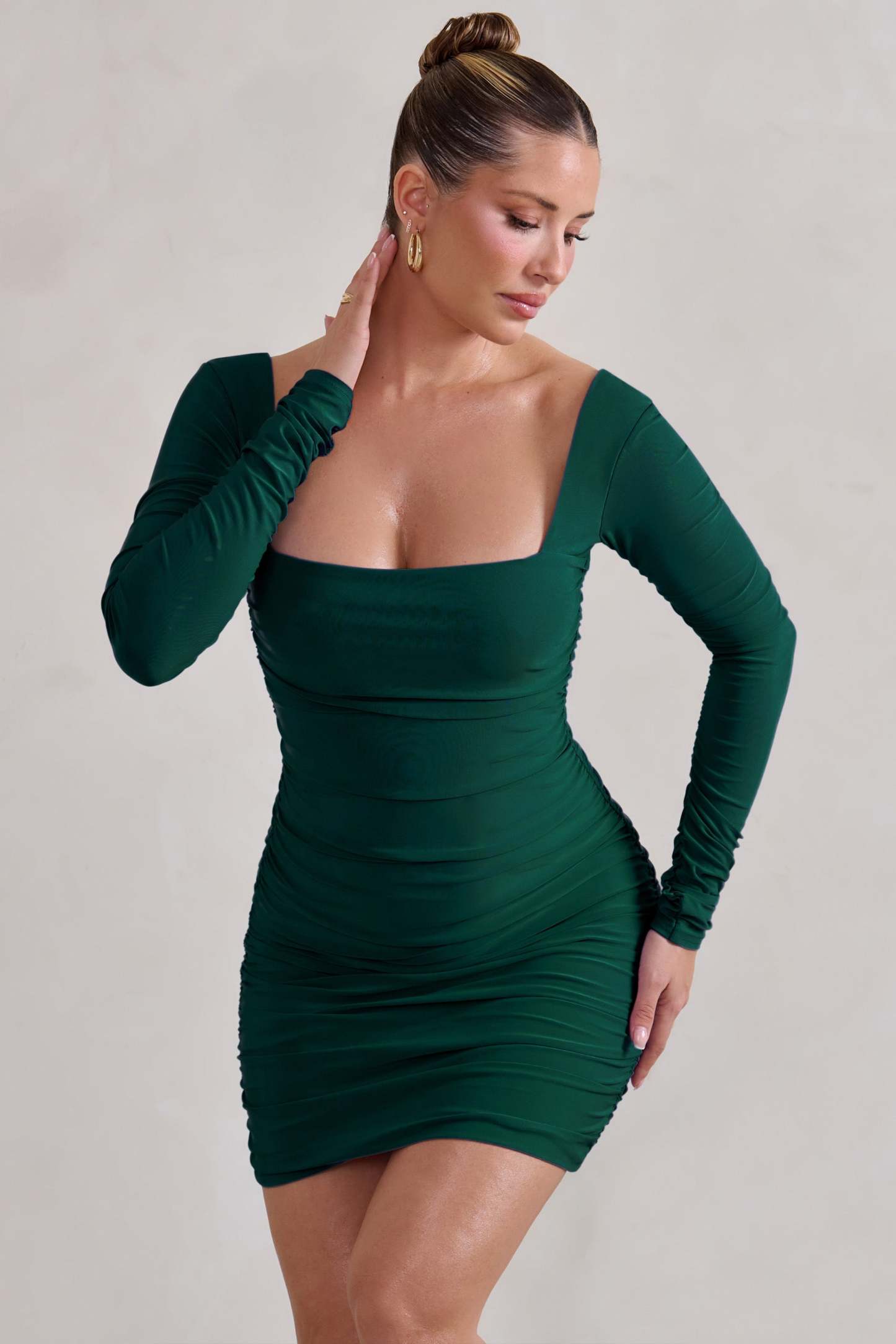 Muse Green Long Sleeve Square Neck Ruched Mini Dress-Babyboo Dress Store. All Rights Reserved.