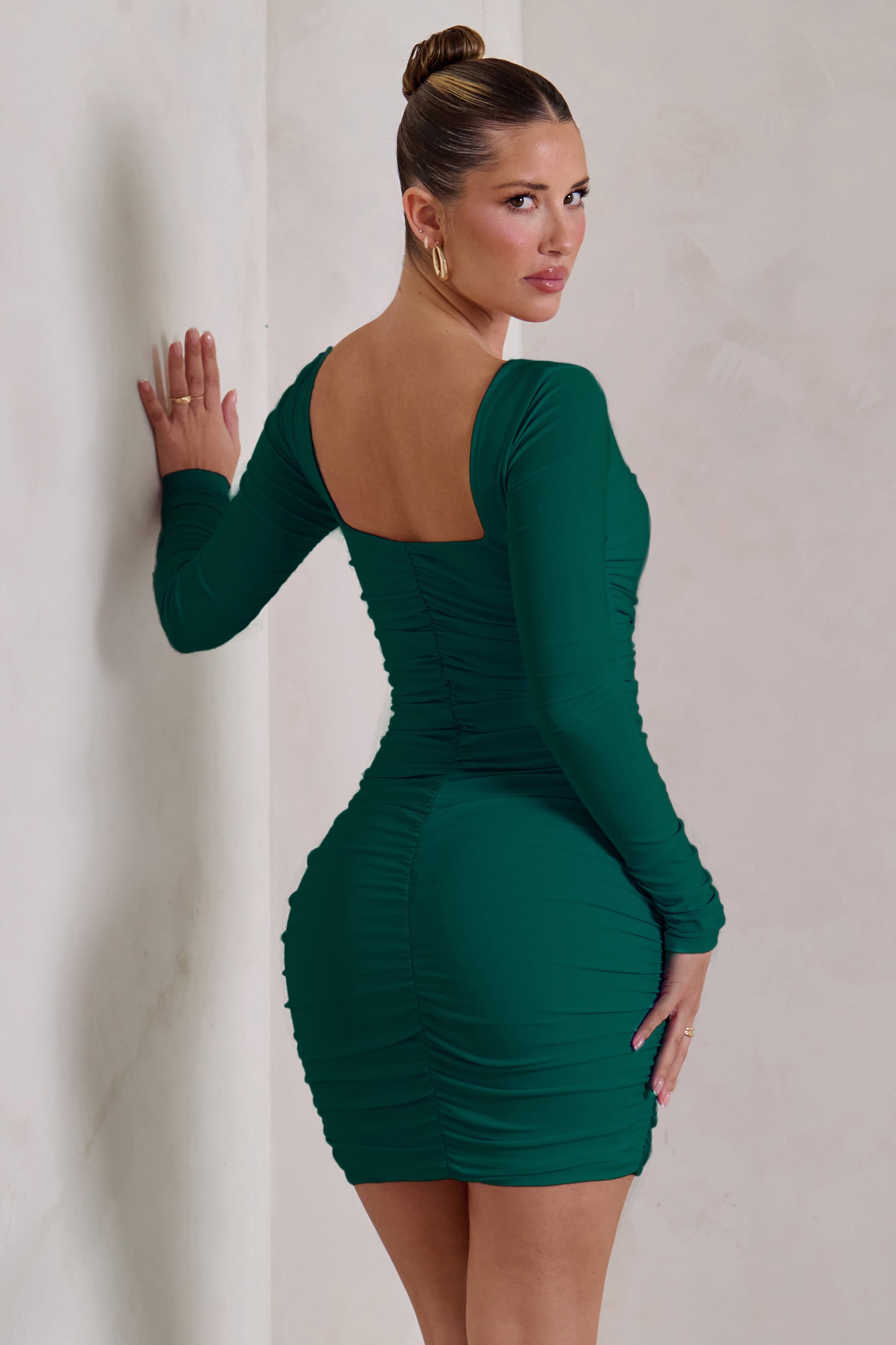 Muse Green Long Sleeve Square Neck Ruched Mini Dress-Babyboo Dress Store. All Rights Reserved.