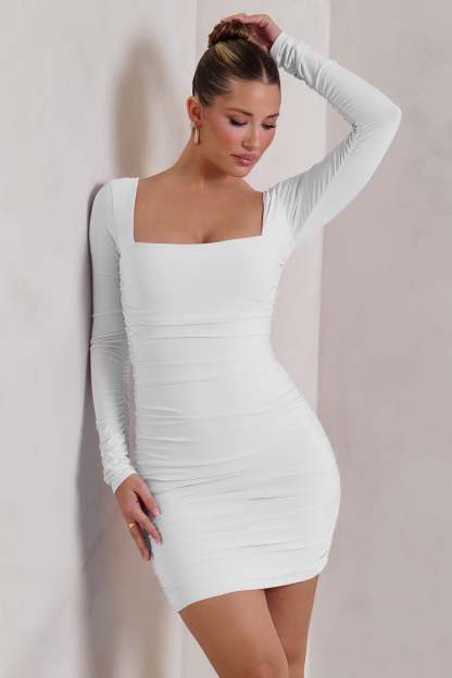 Muse White Long Sleeve Square Neck Ruched Mini Dress-Babyboo Dress Store. All Rights Reserved.