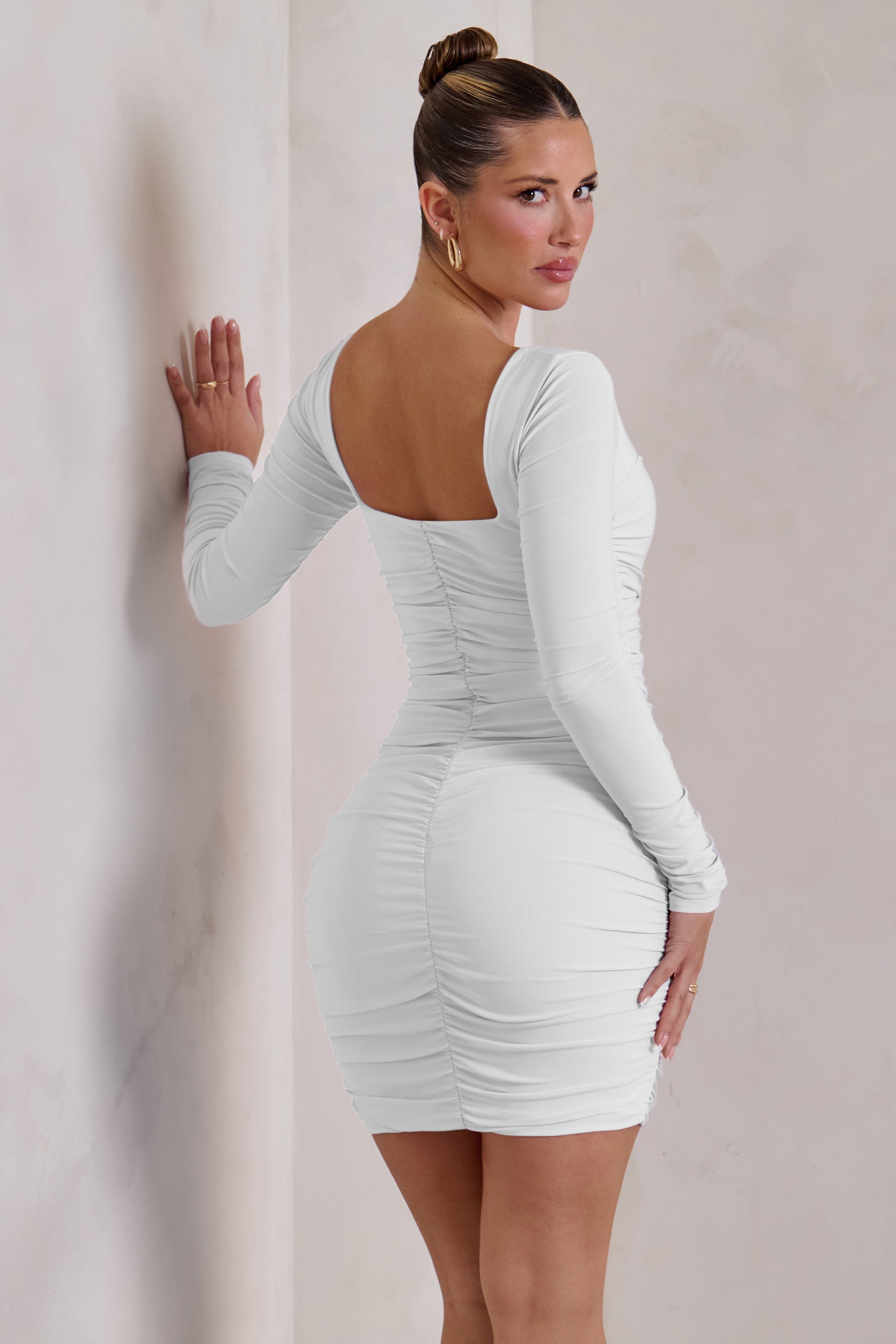Muse White Long Sleeve Square Neck Ruched Mini Dress-Babyboo Dress Store. All Rights Reserved.
