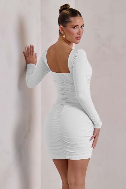 Muse White Long Sleeve Square Neck Ruched Mini Dress-Babyboo Dress Store. All Rights Reserved.