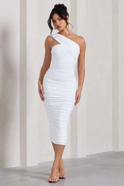 Contour White One Shoulder Bodycon Midi Dress-Babyboo Dress Store. All Rights Reserved.