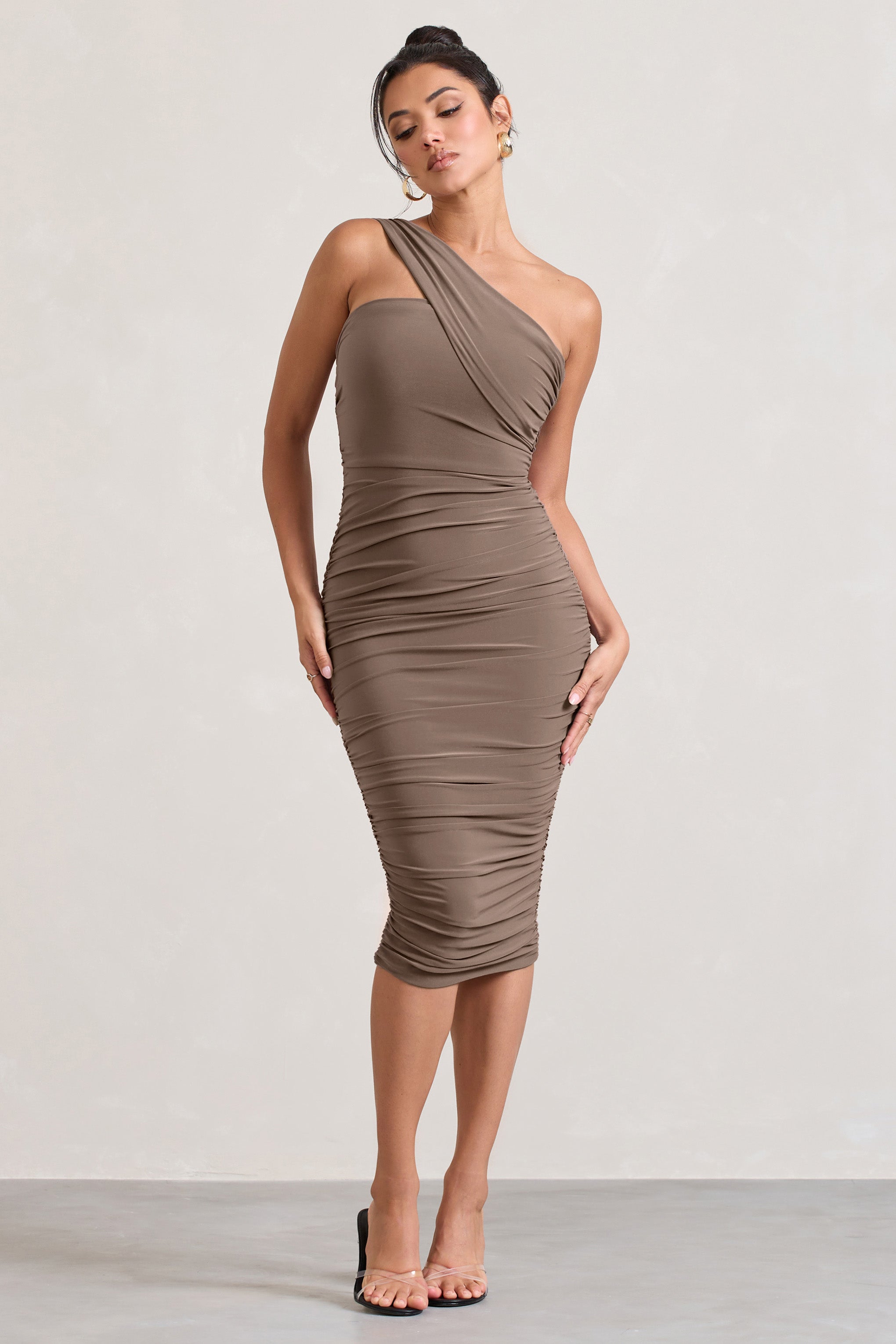 Contour Mocha One Shoulder Bodycon Midi Dress-Babyboo Dress Store. All Rights Reserved.