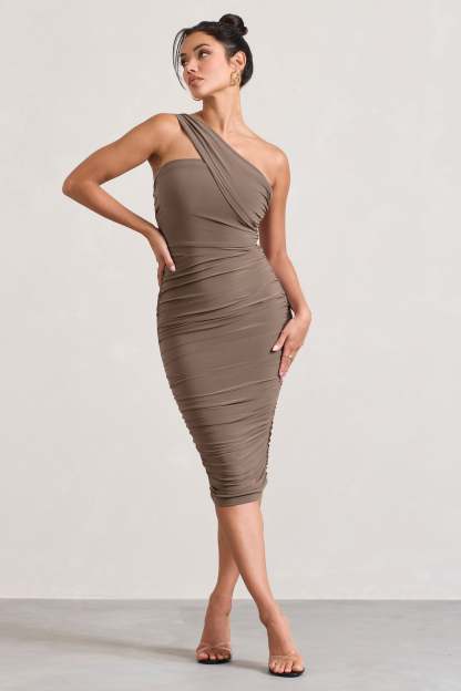 Contour Mocha One Shoulder Bodycon Midi Dress-Babyboo Dress Store. All Rights Reserved.
