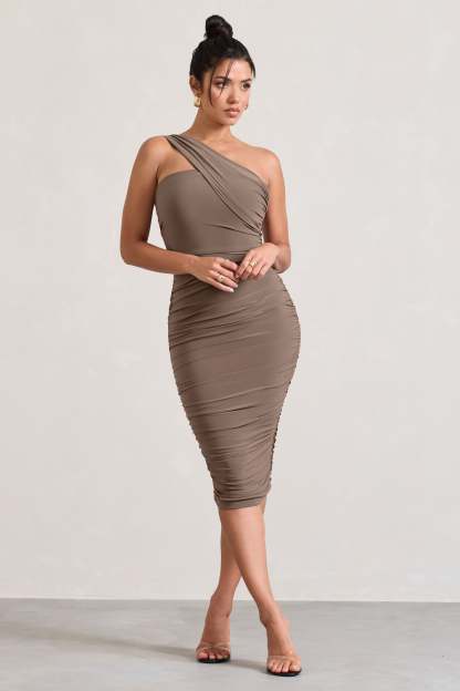 Contour Mocha One Shoulder Bodycon Midi Dress-Babyboo Dress Store. All Rights Reserved.