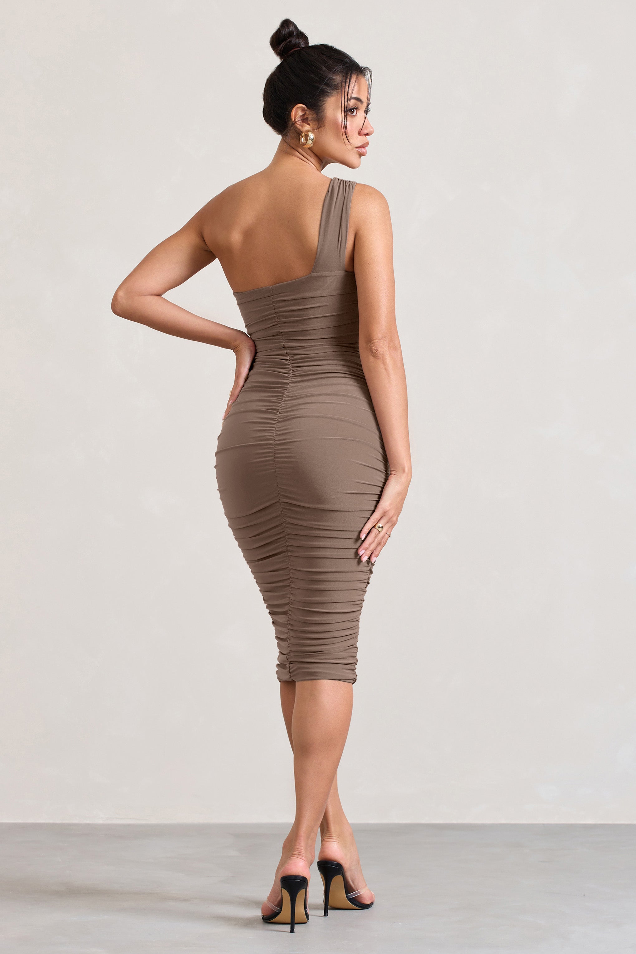 Contour Mocha One Shoulder Bodycon Midi Dress-Babyboo Dress Store. All Rights Reserved.