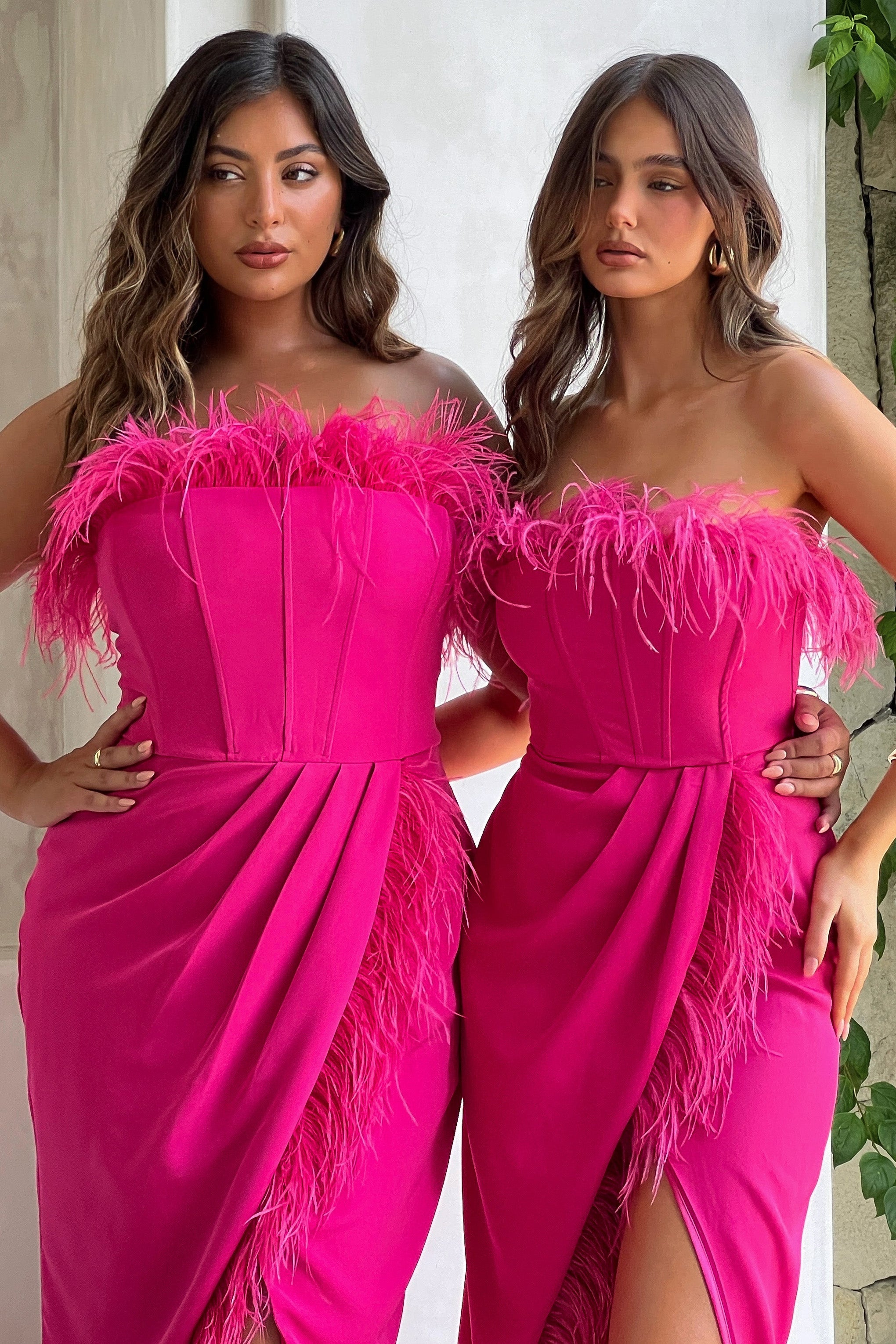 Cosmo Hot Pink Bandeau Corset Maxi Dress With Feather Trim-Babyboo Dress Store. All Rights Reserved.