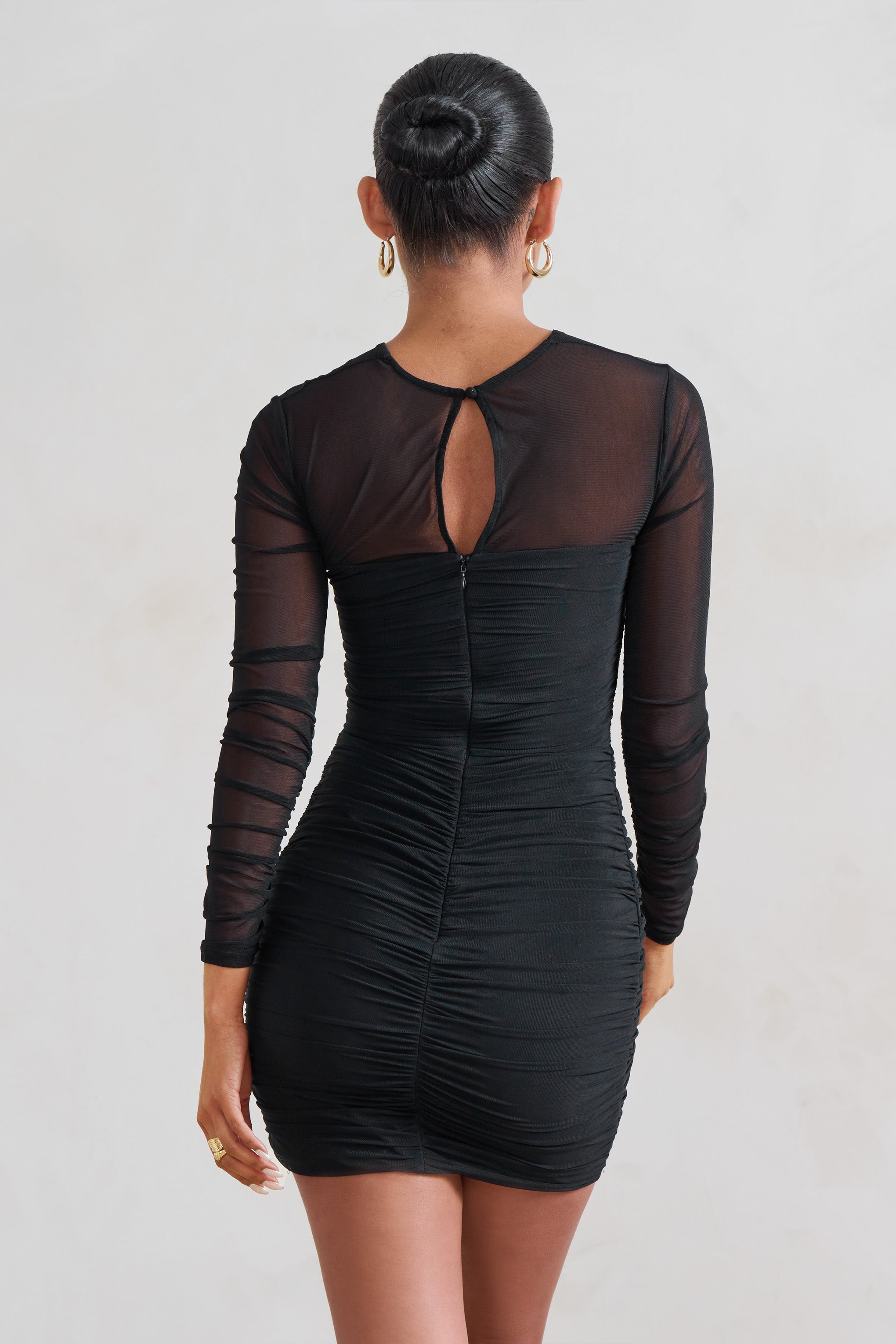 Daiquiri Black Ruched Cut Out Mesh Mini Dress With Long Sleeves-Babyboo Dress Store. All Rights Reserved.
