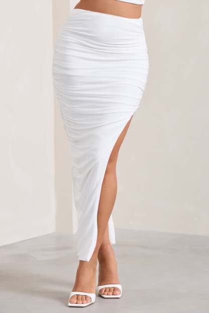Moon Star White Side Split Ruched Maxi Skirt-Babyboo Dress Store. All Rights Reserved.