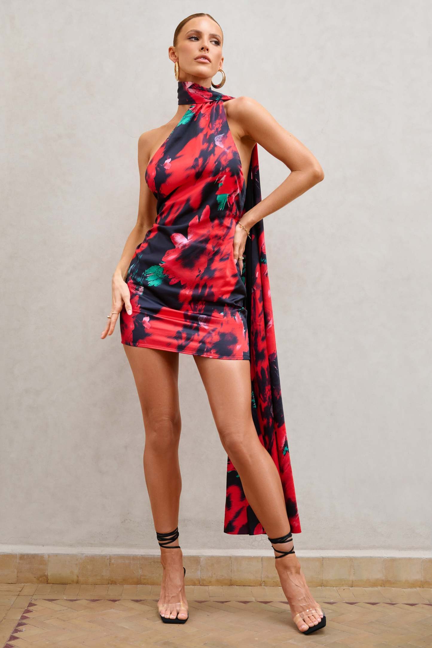 Nasira Black Floral Asymmetric Neck Open Back Mini Dress With Scarf Detail-Babyboo Dress Store. All Rights Reserved.