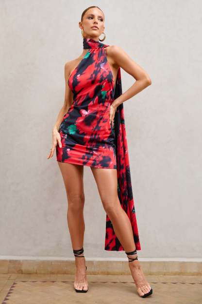 Nasira Black Floral Asymmetric Neck Open Back Mini Dress With Scarf Detail-Babyboo Dress Store. All Rights Reserved.