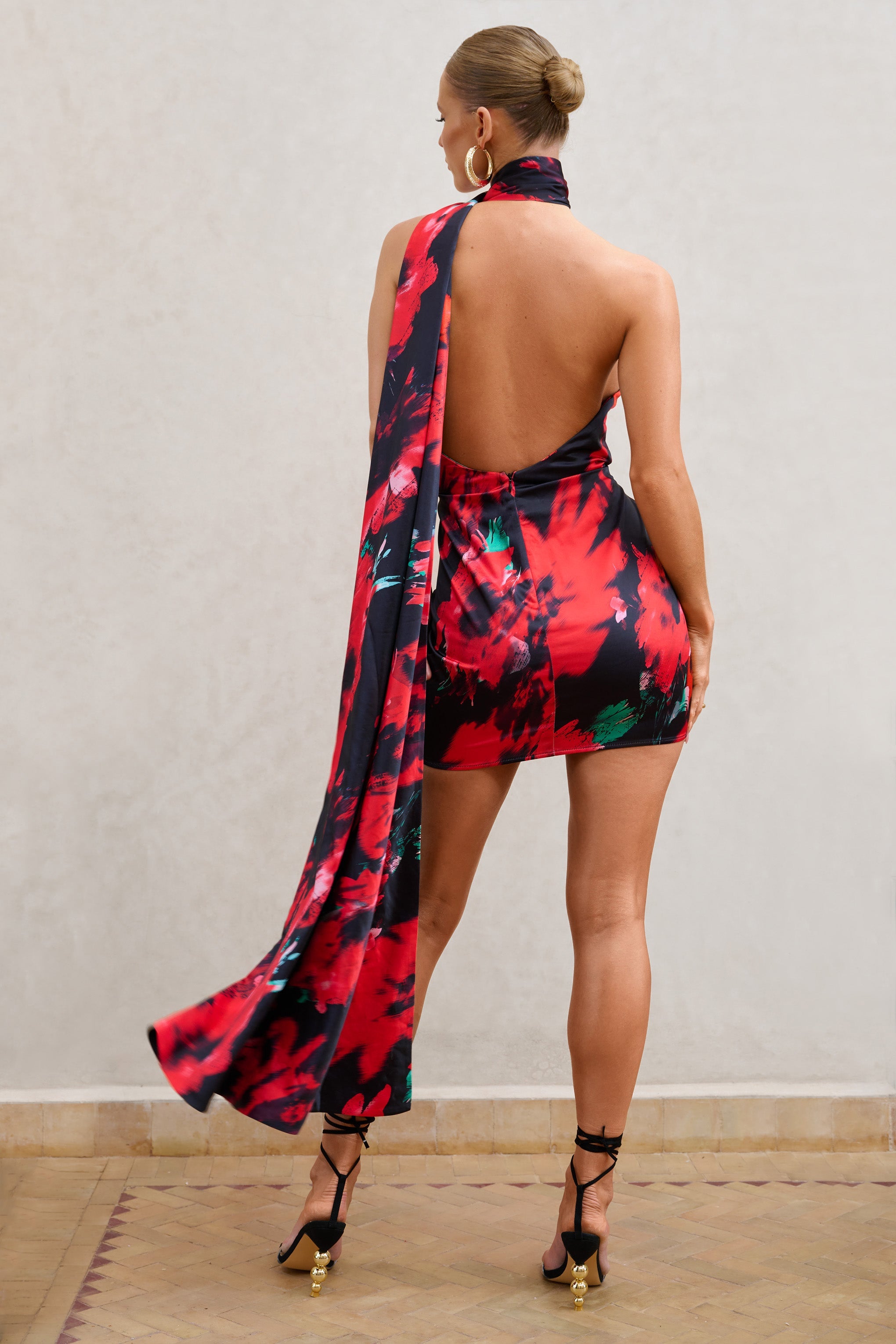 Nasira Black Floral Asymmetric Neck Open Back Mini Dress With Scarf Detail-Babyboo Dress Store. All Rights Reserved.
