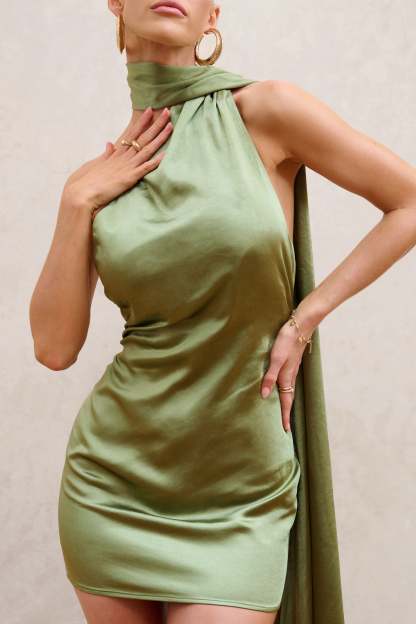Nasira Olive Asymmetric Neck Open Back Mini Dress With Scarf Detail-Babyboo Dress Store. All Rights Reserved.