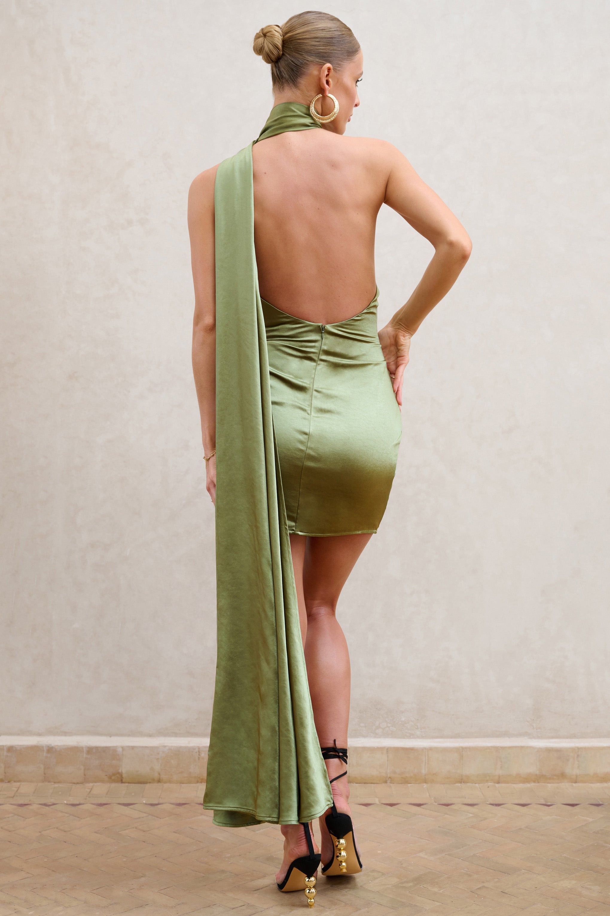 Nasira Olive Asymmetric Neck Open Back Mini Dress With Scarf Detail-Babyboo Dress Store. All Rights Reserved.