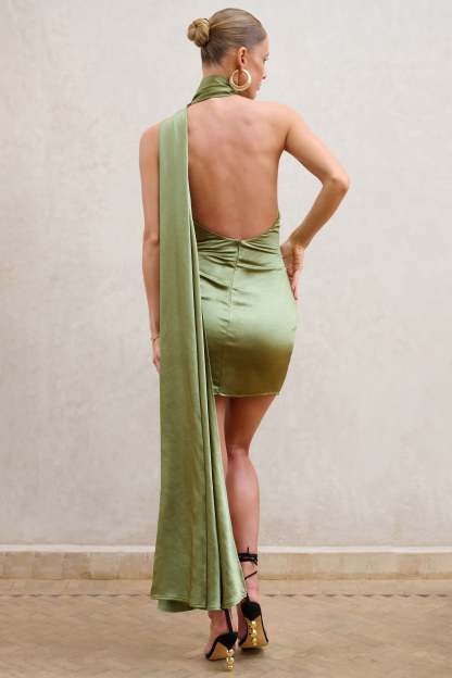 Nasira Olive Asymmetric Neck Open Back Mini Dress With Scarf Detail-Babyboo Dress Store. All Rights Reserved.