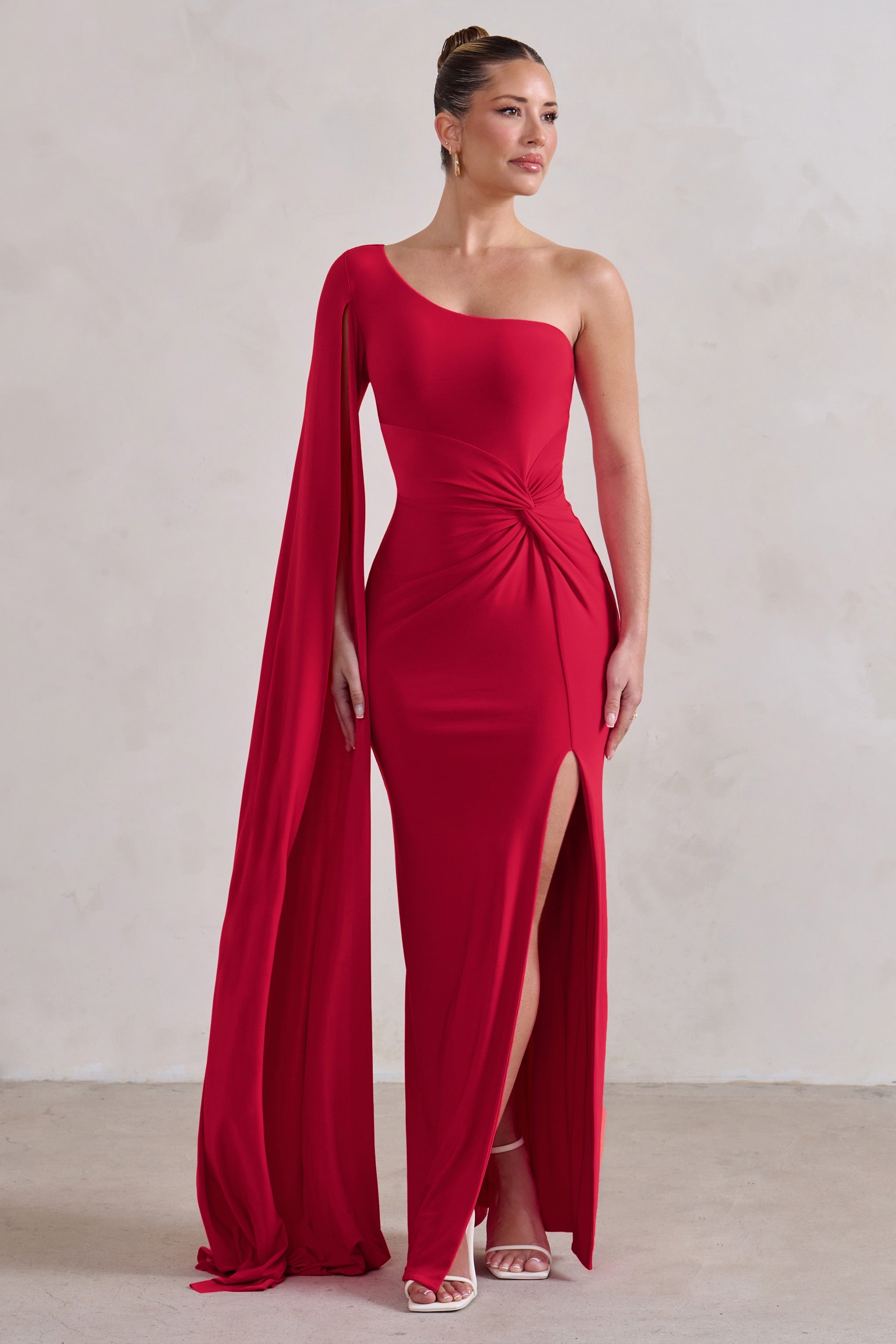 Romi Red One Shoulder Twist Design Maxi Dress