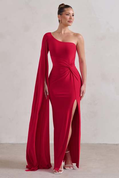 Romi Red One Shoulder Twist Design Maxi Dress