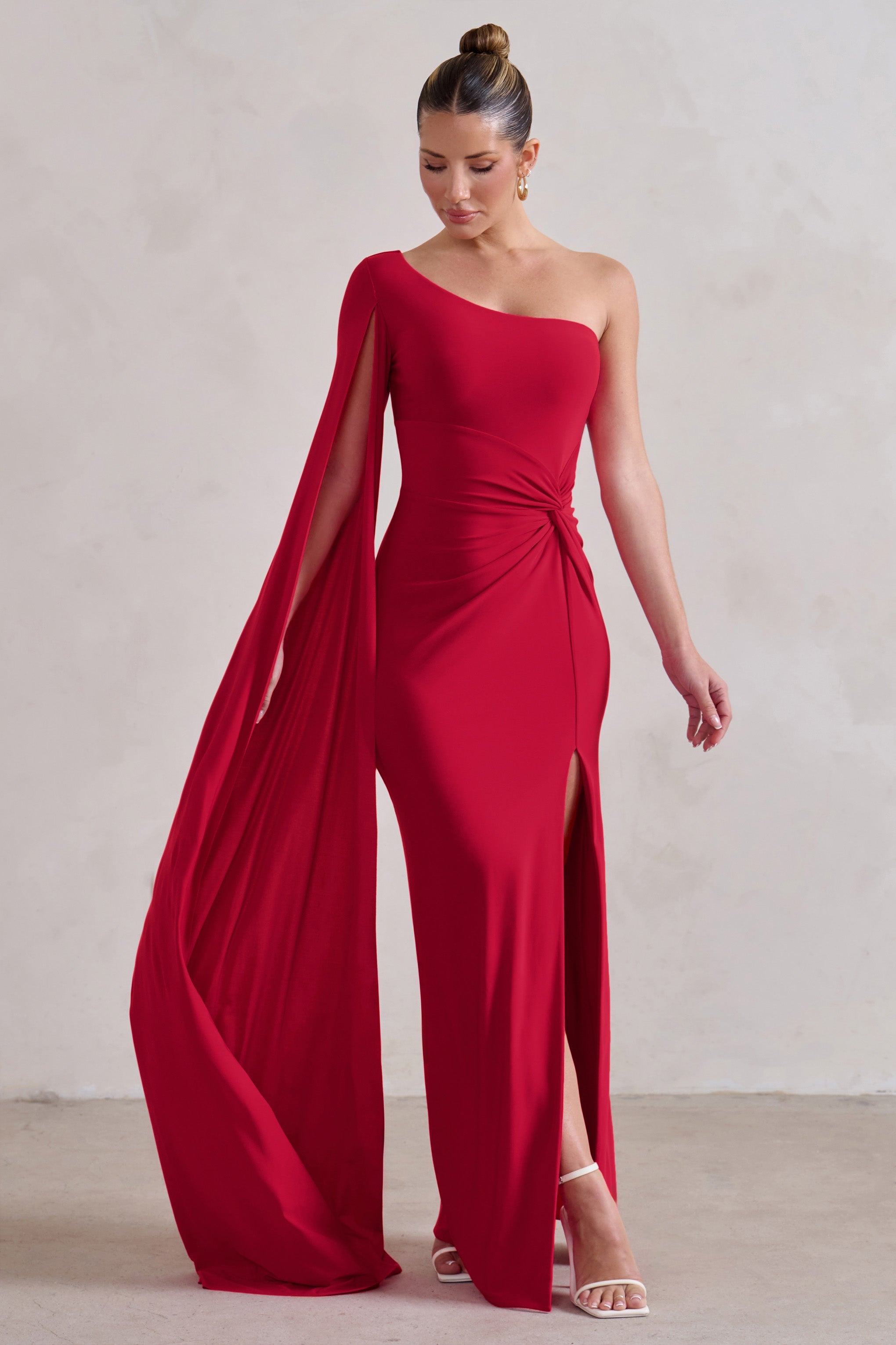 Romi Red One Shoulder Twist Design Maxi Dress