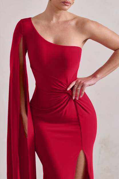Romi Red One Shoulder Twist Design Maxi Dress