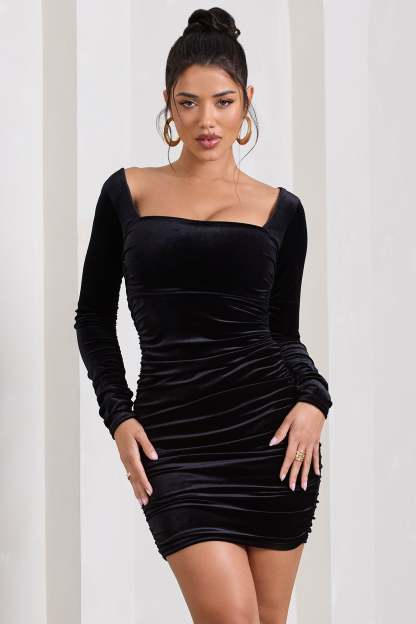 Muse Black Velvet Long Sleeve Square Neck Ruched Mini Dress-Babyboo Dress Store. All Rights Reserved.