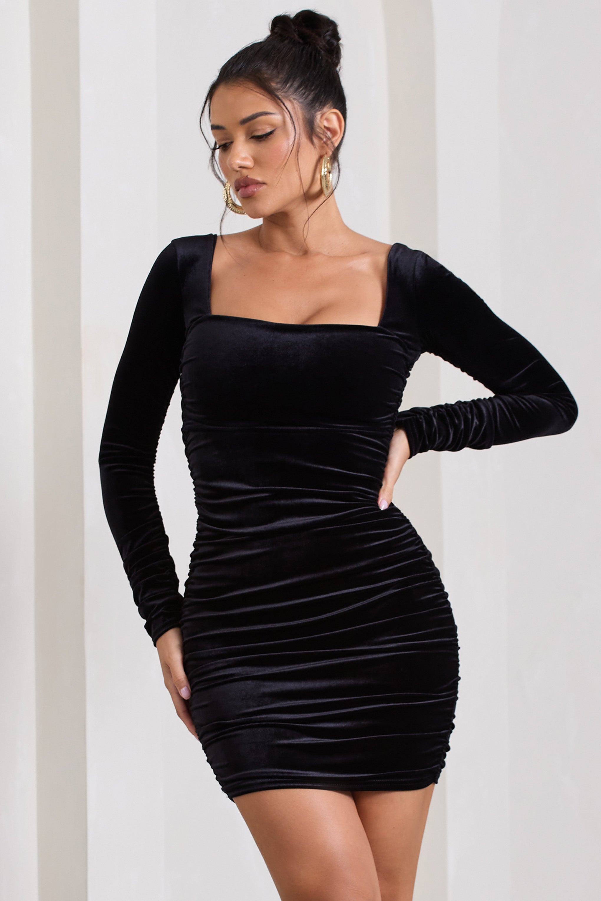 Muse Black Velvet Long Sleeve Square Neck Ruched Mini Dress-Babyboo Dress Store. All Rights Reserved.
