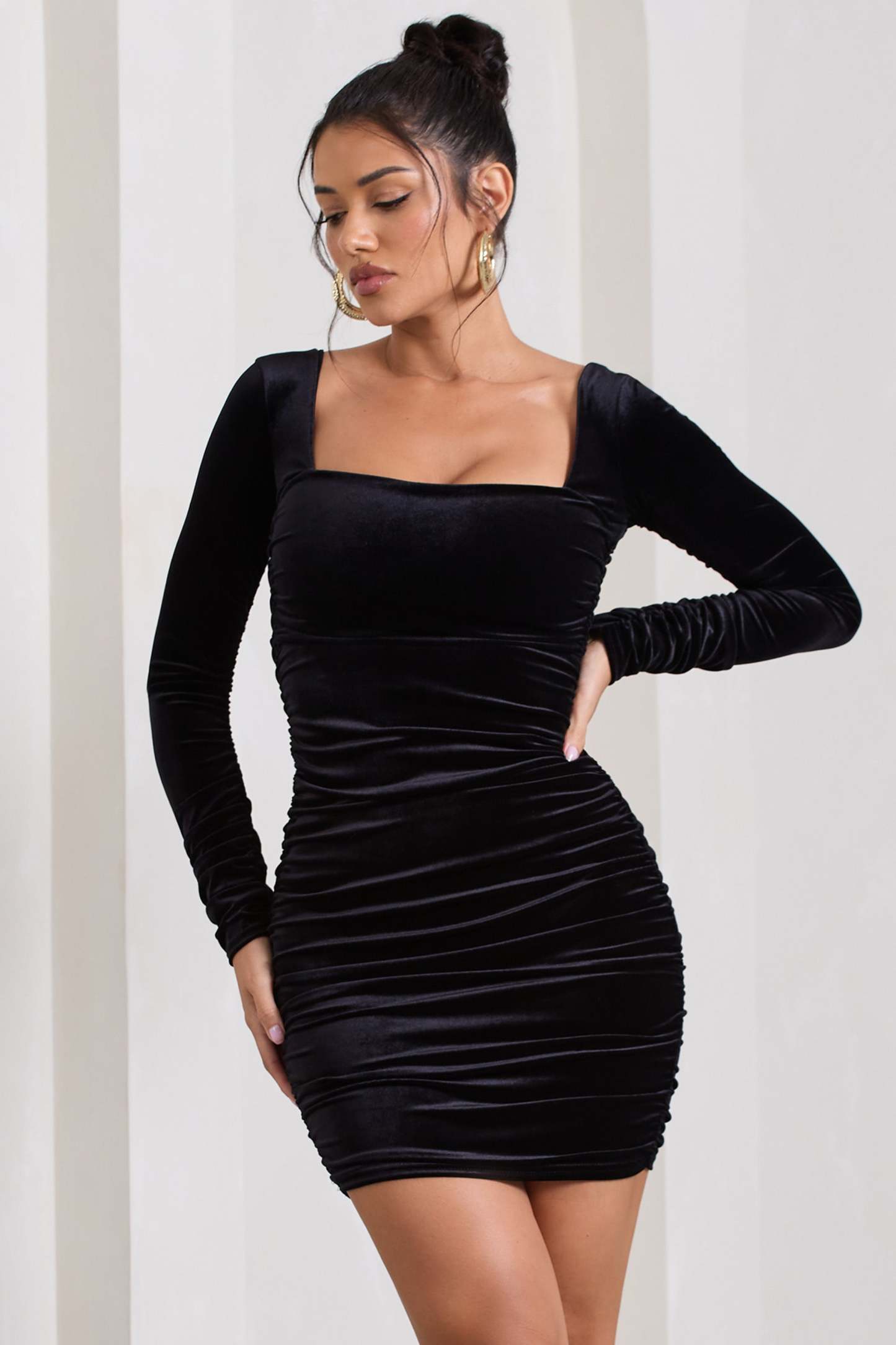 Muse Black Velvet Long Sleeve Square Neck Ruched Mini Dress-Babyboo Dress Store. All Rights Reserved.