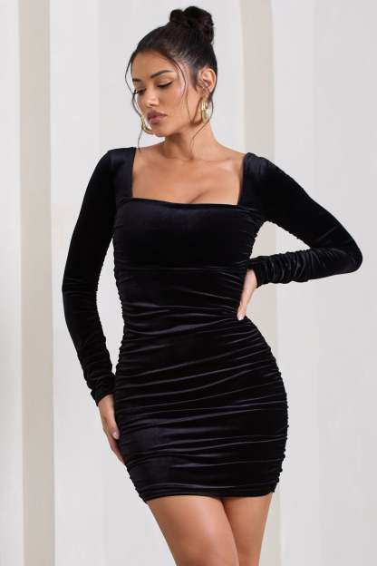 Muse Black Velvet Long Sleeve Square Neck Ruched Mini Dress-Babyboo Dress Store. All Rights Reserved.