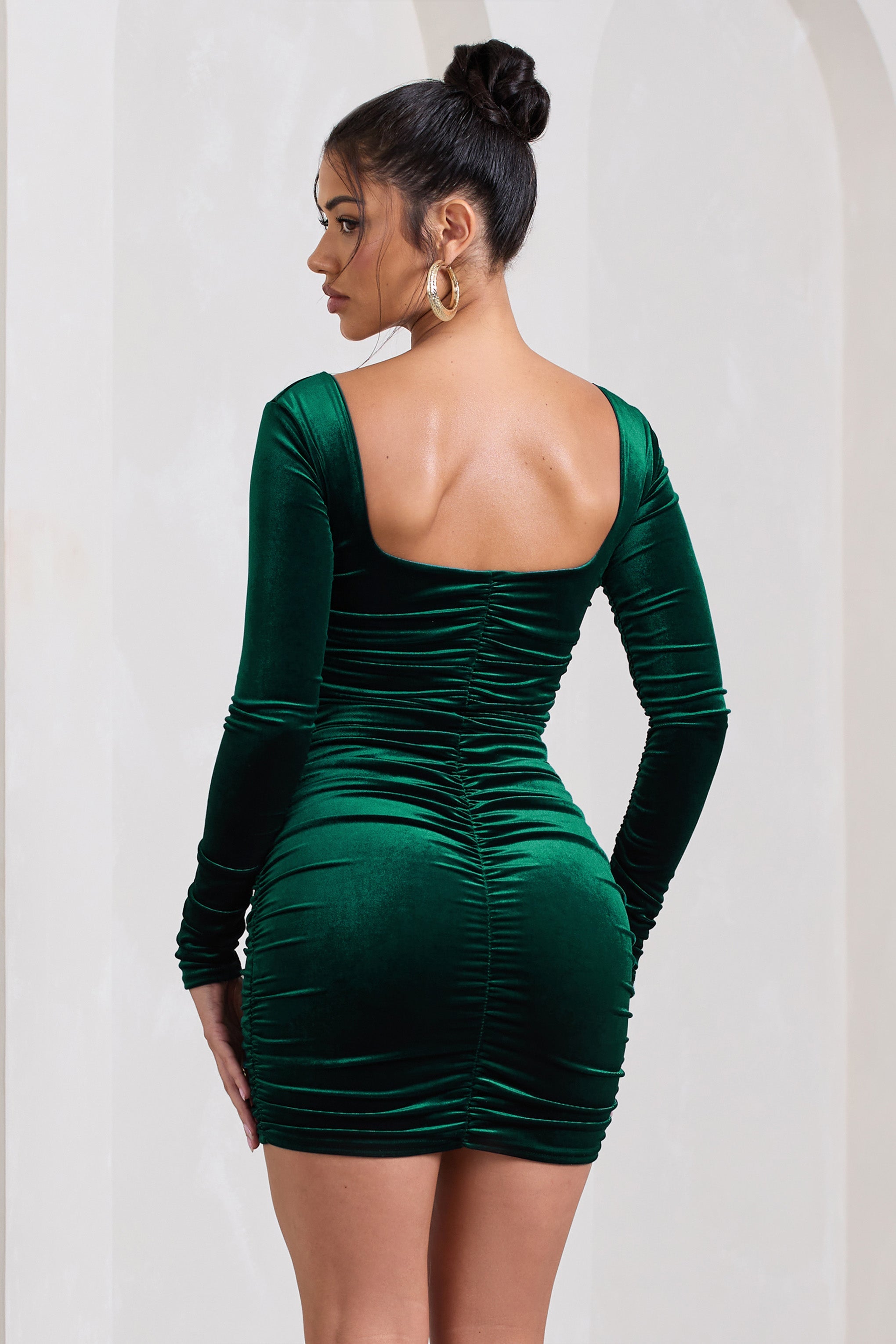 Muse Bottle Green Velvet Long Sleeve Square Neck Ruched Mini Dress-Babyboo Dress Store. All Rights Reserved.